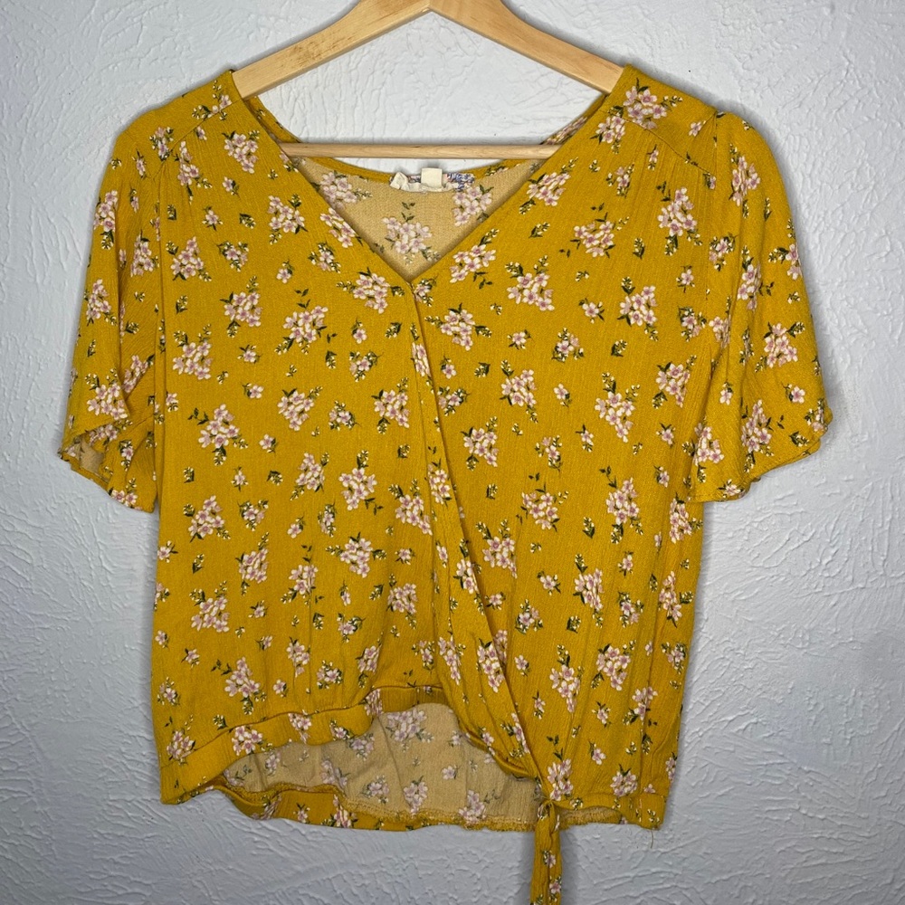 Yellow floral button up crop shirt
